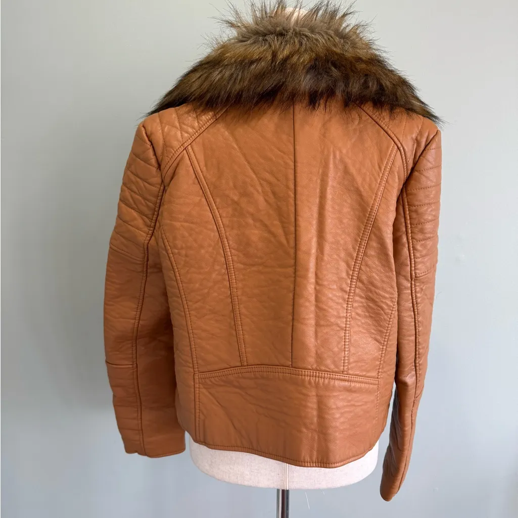 Robert Phillips Faux Leather /Fur moto jacket. Caramel sz L Y2K vintage retro Tan Size L - Image 3