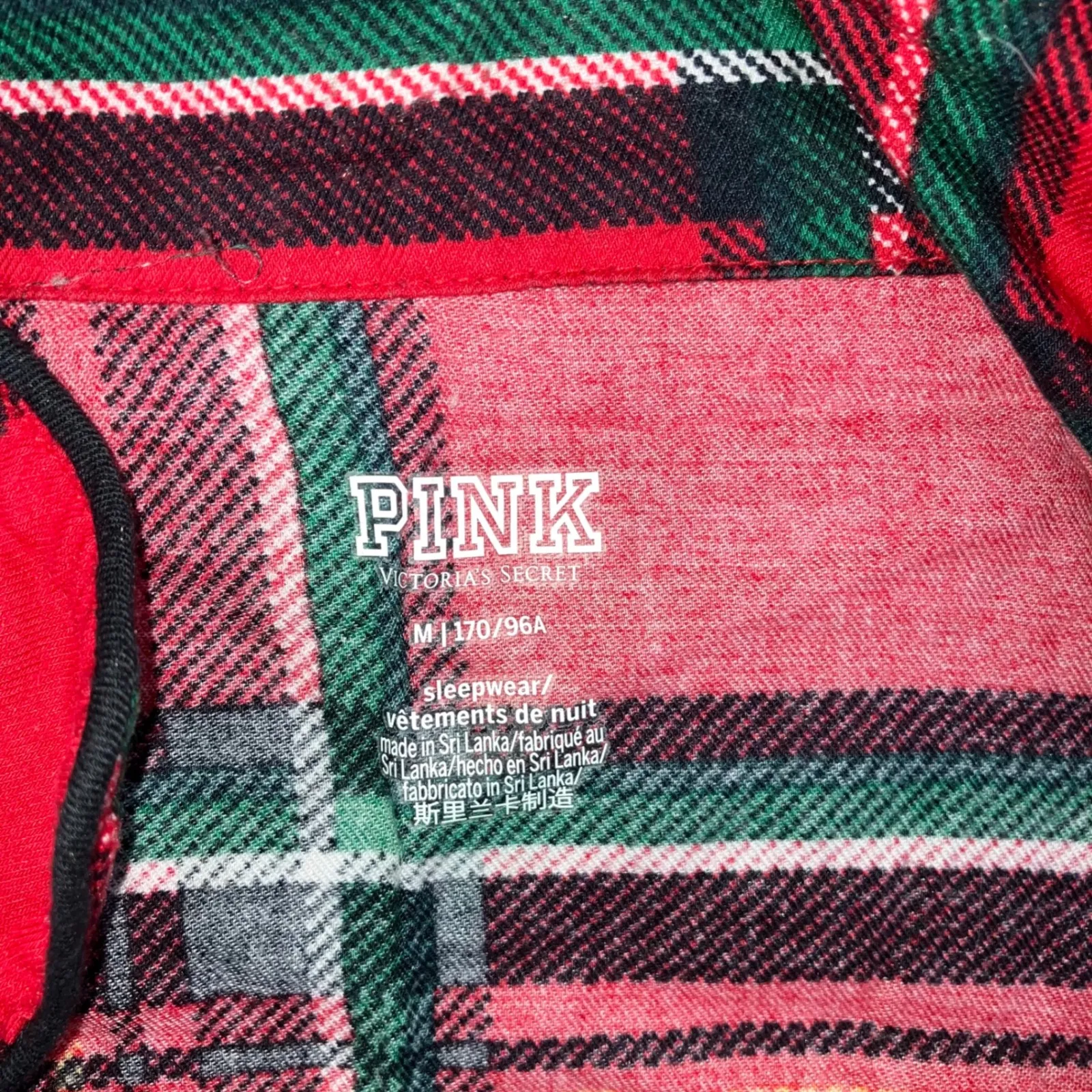 PINK Victoria's Secret Plaid Flannel Pajama Shirt Cropped Red Green Women Medium - Image 10