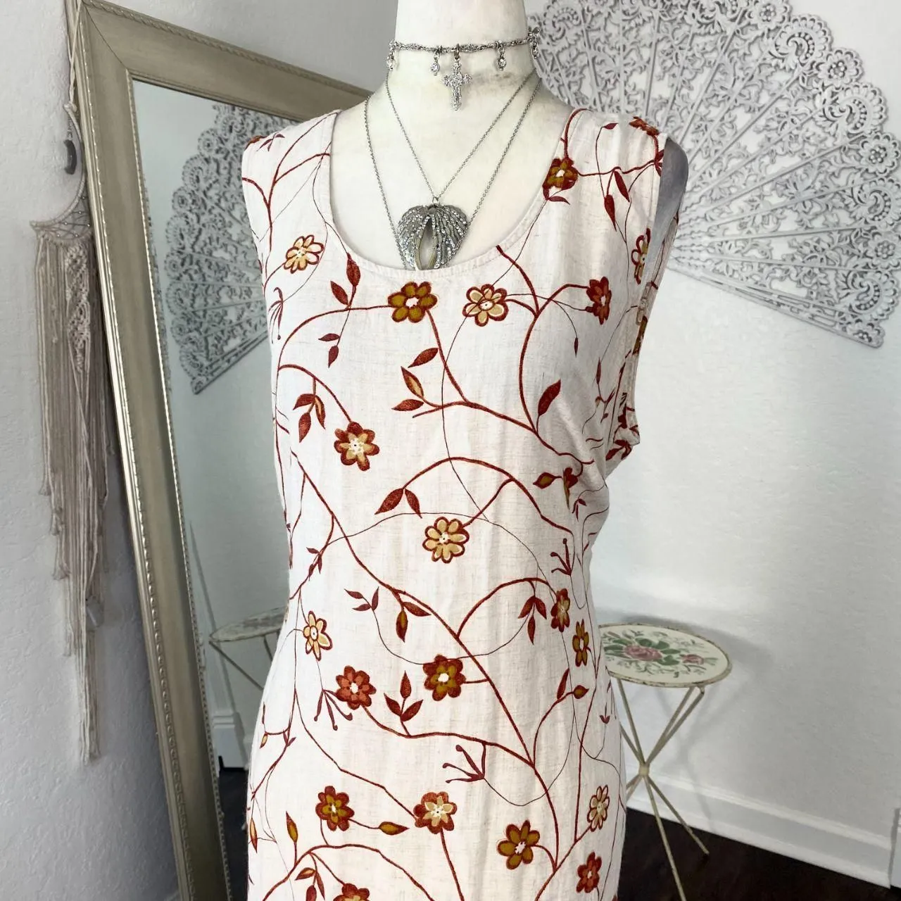 Vintage Boho Cottage Core Cream Tan Red Flower Floral Linen Midi Dress 20 W XXL Size 20W - Image 5