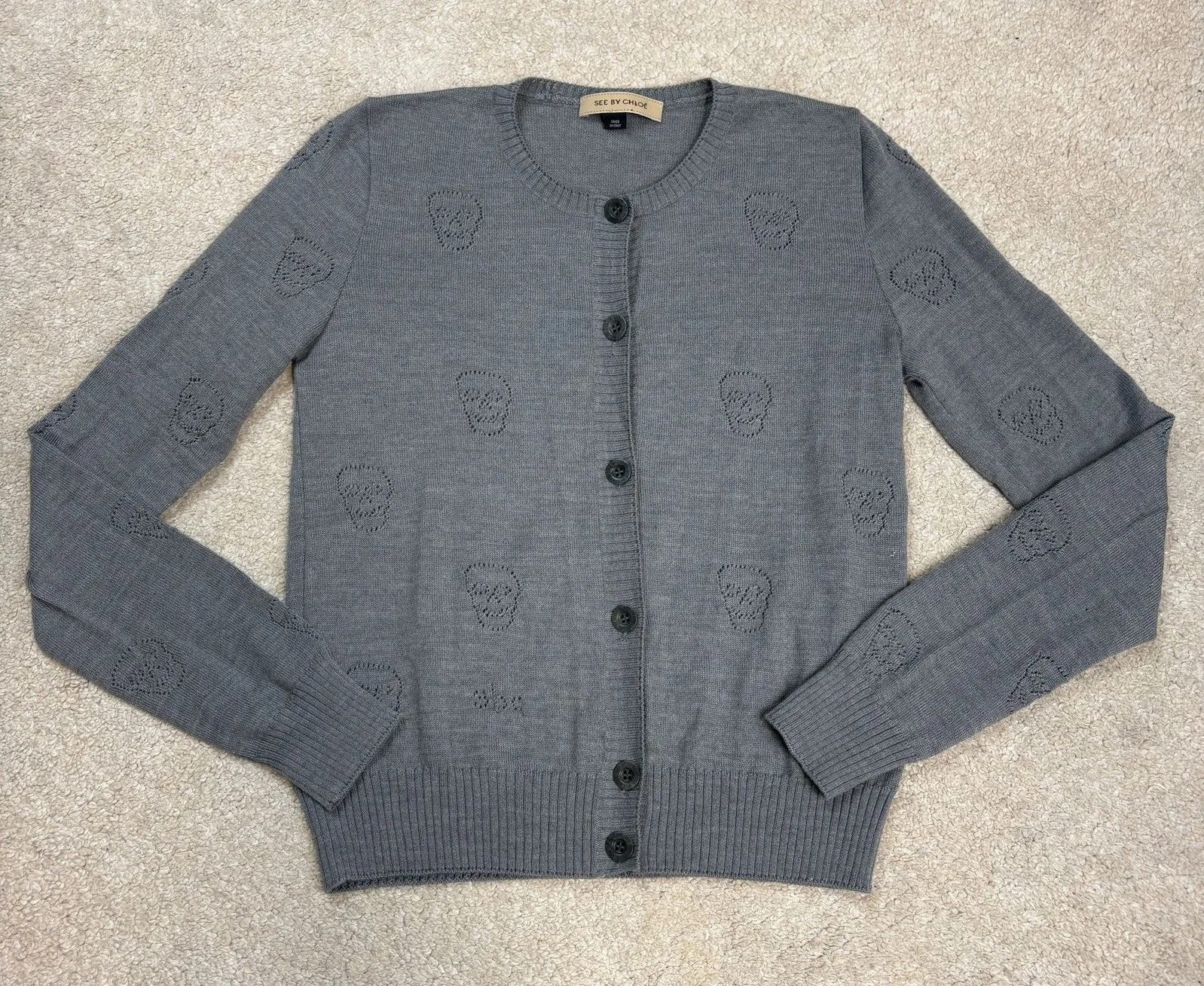 See By Chloe Gray Skull Button Down Wool Blend Cardigan Size XS - Image 1