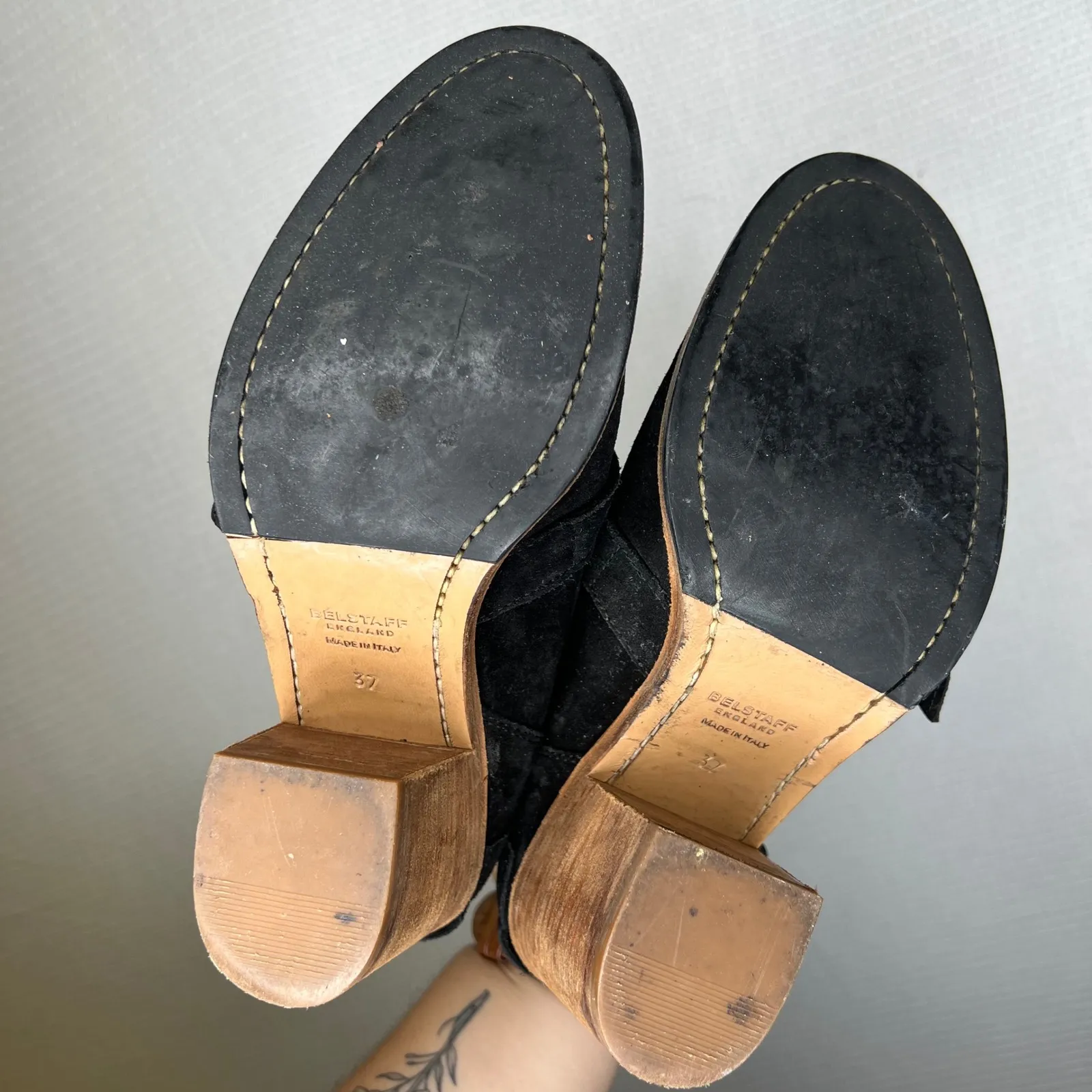 Belstaff Trailmaster England Black Suede Leather Buckle Heel Ankle Boots Size 37 - Image 4