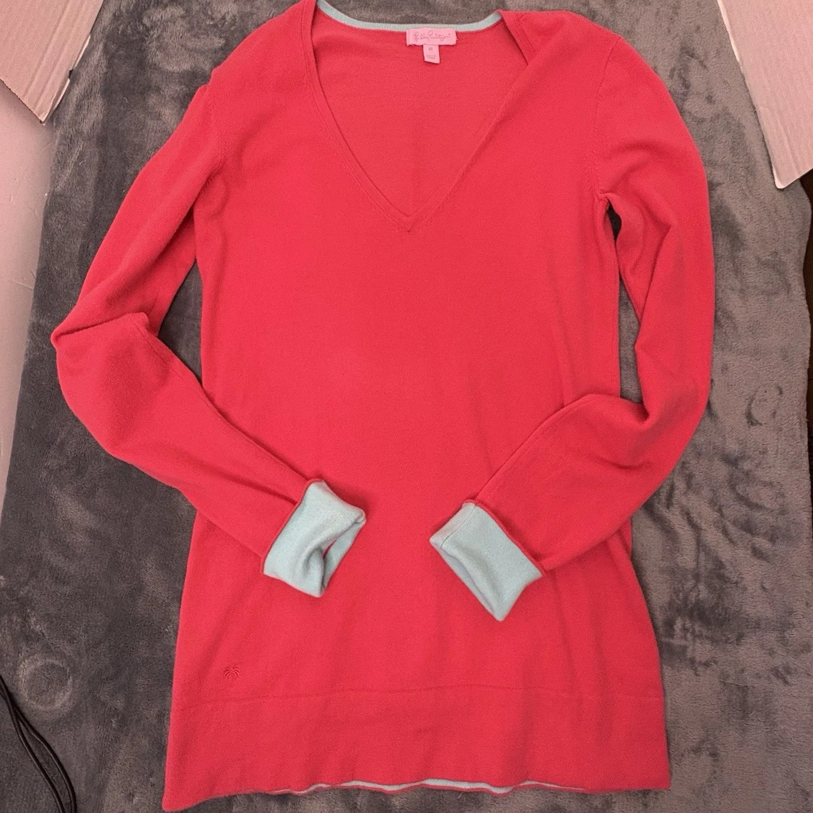 Lilly Pulitzer  Pull Over Cotton-Blend V-Neck Pink/ Blue Sweater Large EUC - Image 7