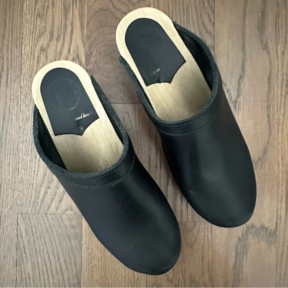 No.6 Old School Clog Mule on Mid Heel Wood Sole in Black Leather Size 39 - Image 3