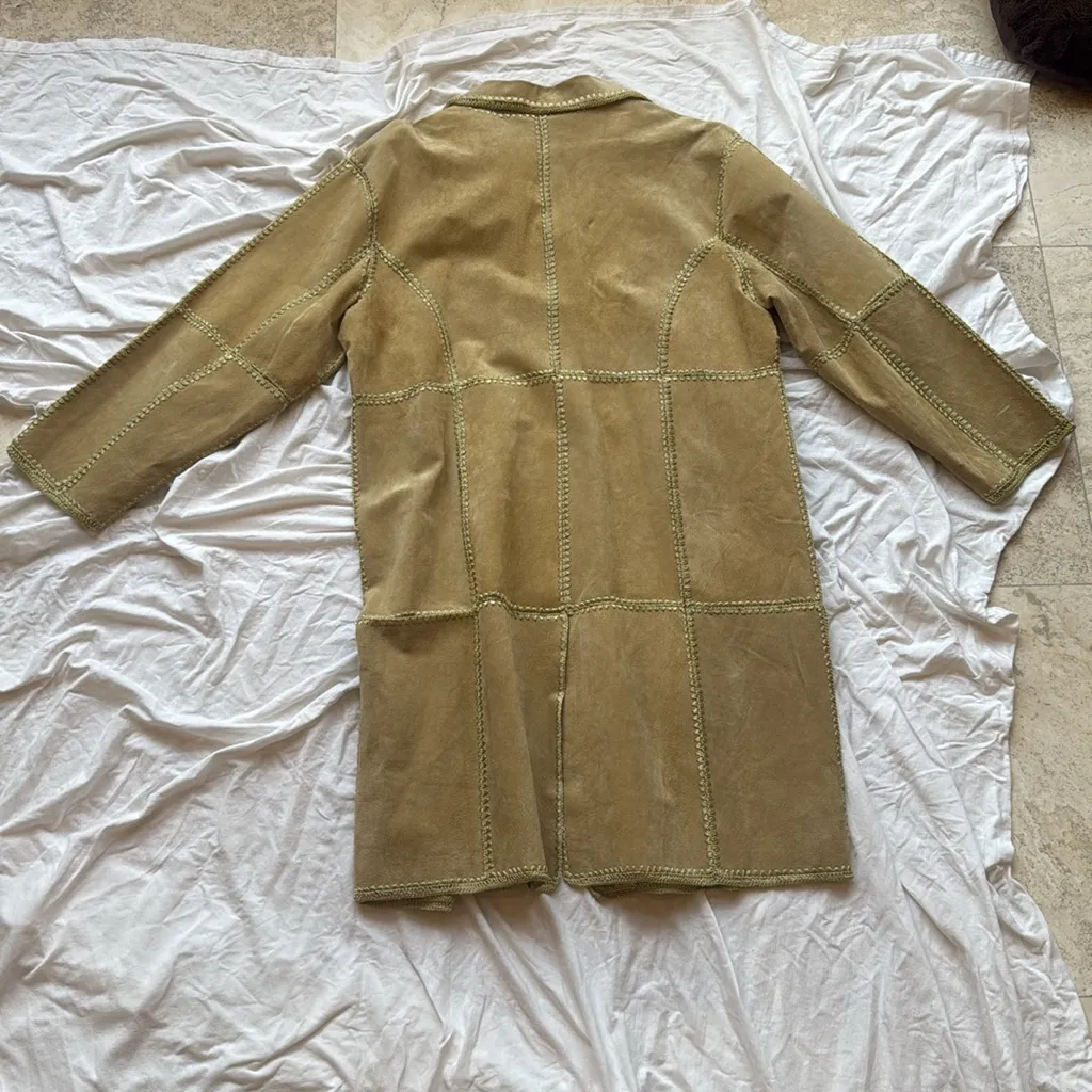 S.M.H. Women's Tan beige crochet knit exposed seam Leather long coat Jacket Size L - Image 5