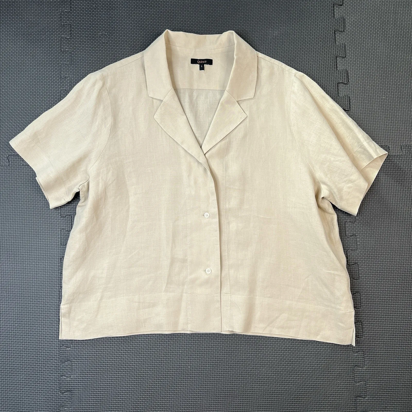 Quince Women's European Linen Short Sleeve Shirt Top Large‎ Beige Tan Button Up - Image 2