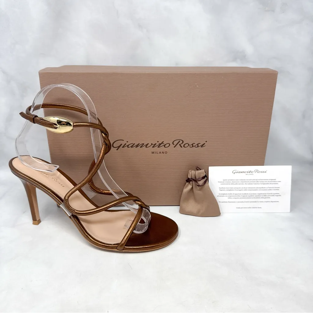Gianvito Rossi Black Mamba 85 Strappy Sandal Heels Metallic Brown Bronze Gold - Image 4