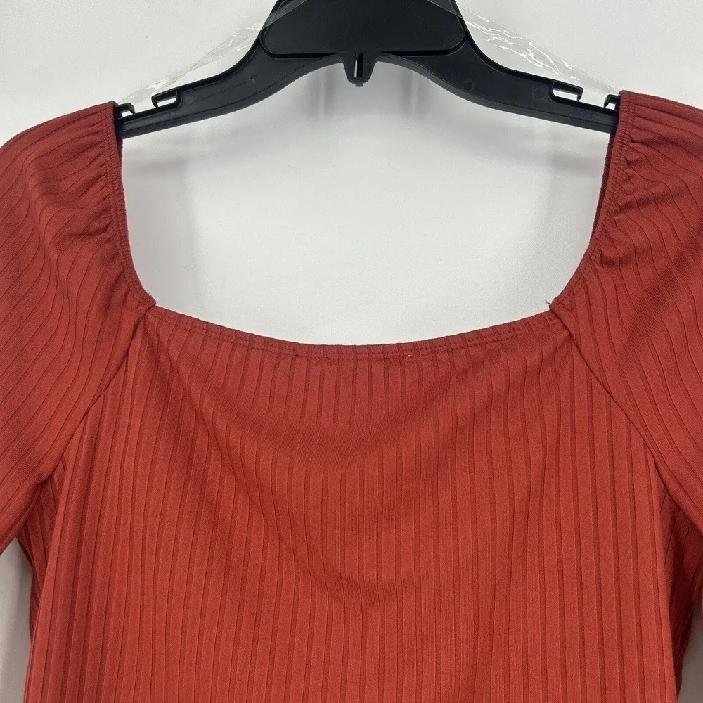 June & Hudson Rust Red Ribbed Crop Top Long Sleeve Square Neck Padded Size M Size M - Image 7