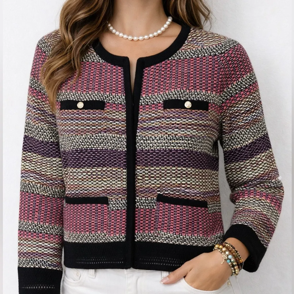 Yoana Baraschi Tweed Jacket Blazer Size 2 Multicolor Striped Zip Front Cropped - Image 1