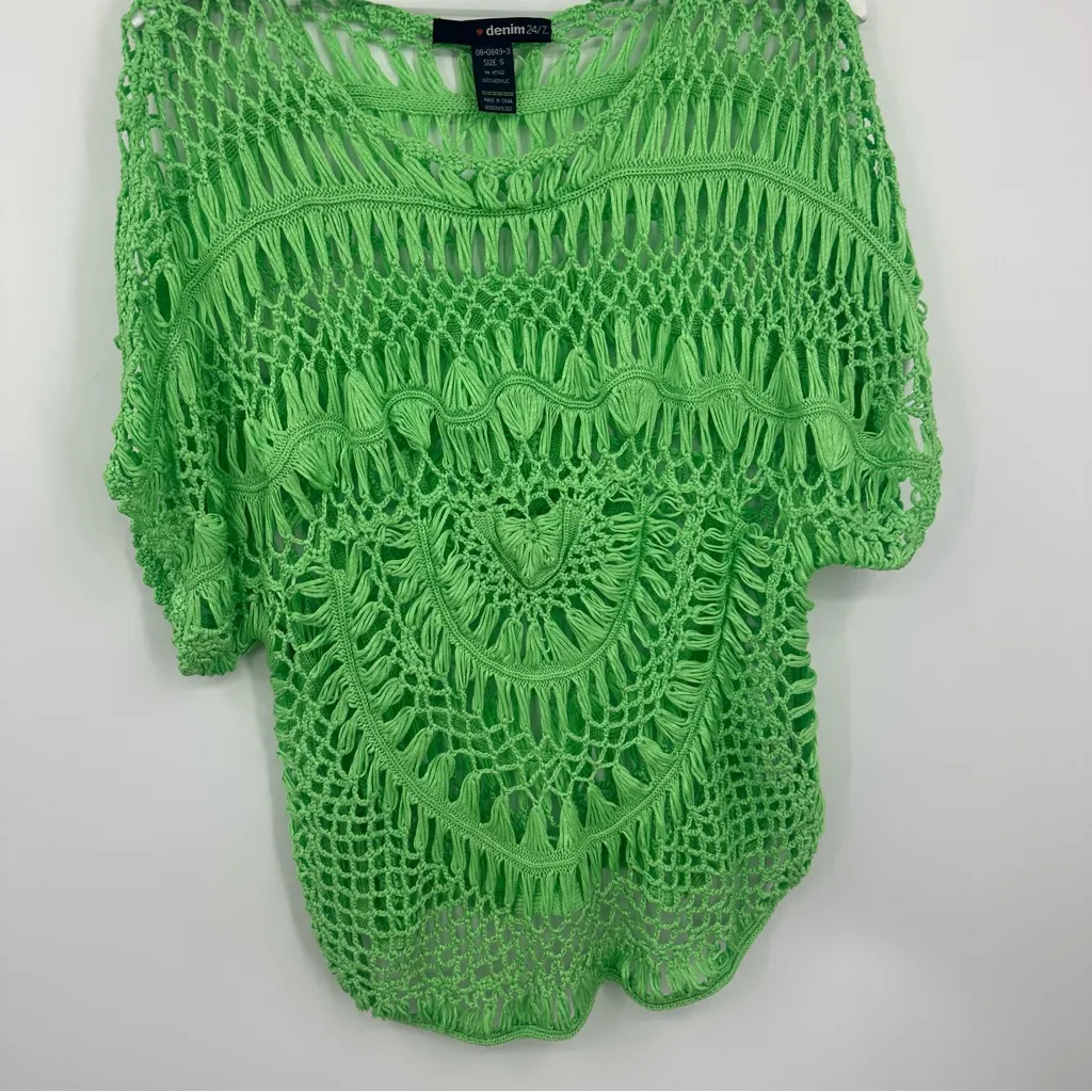 Denim 24/7 Green Sweater Crochet Shirt Size Small Boho Whimsical Fairycore Y2K - Image 3