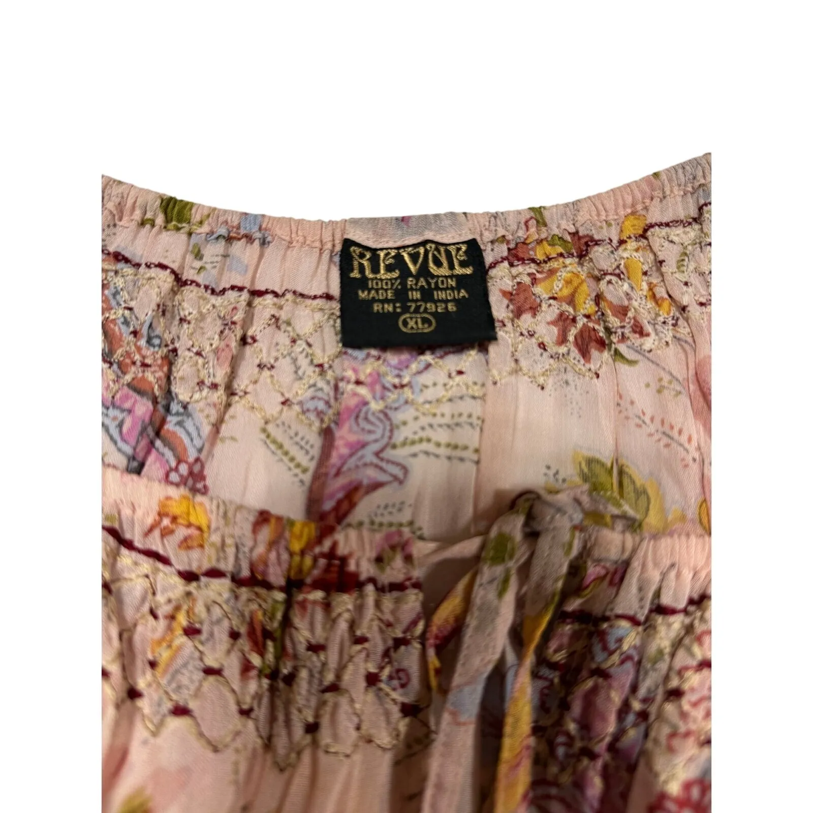 Vintage Revue Boho Floral Smocked Peasant Blouse Pink Rayon Ruffle Hem XL‎ - Image 6