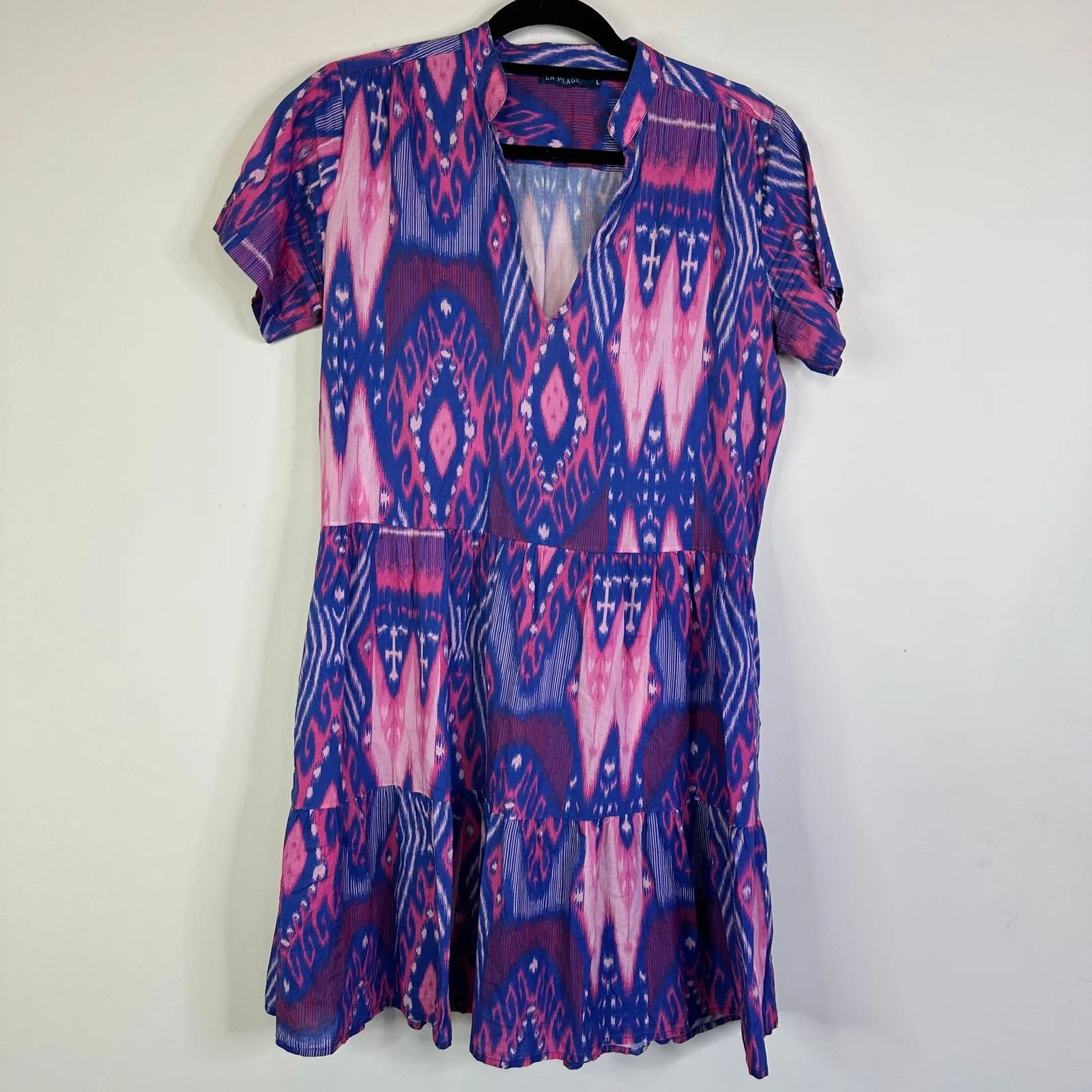La Plage Alison Blue Pink Ikat Cotton Pocket Dress Women’s Large - Image 2