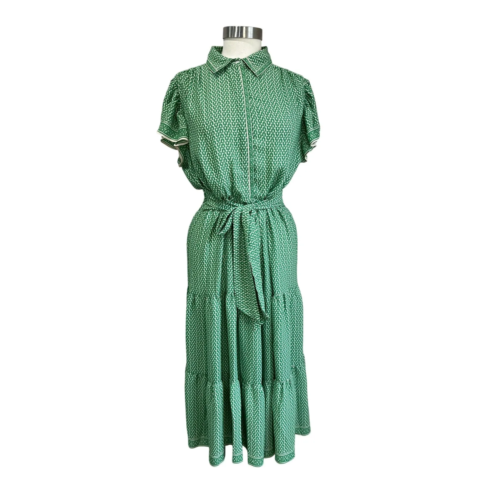 Max Studio London Green Geo Print Tie Waist Shirt Midi Dress Short Sleeve Size L - Image 2