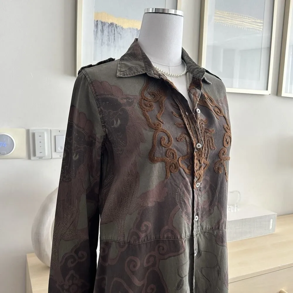 Desigual Dress Womens Medium Boho Military Embroidered Woodland Fairy Earthy - Image 5