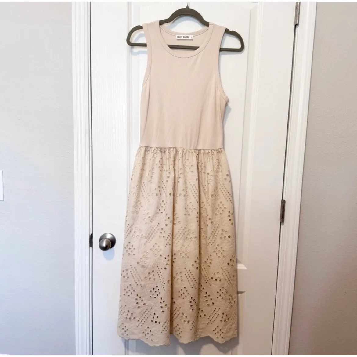 Grace Karin Beige Eyelet Midi Dress Sleeveless Scoop Neck Casual Summer Large - Image 2
