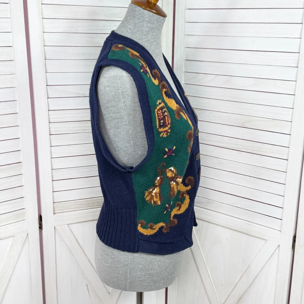 Vintage 80s Jantzen Baroque Equestrian V Neck Sweater Vest Blue Small - Image 3