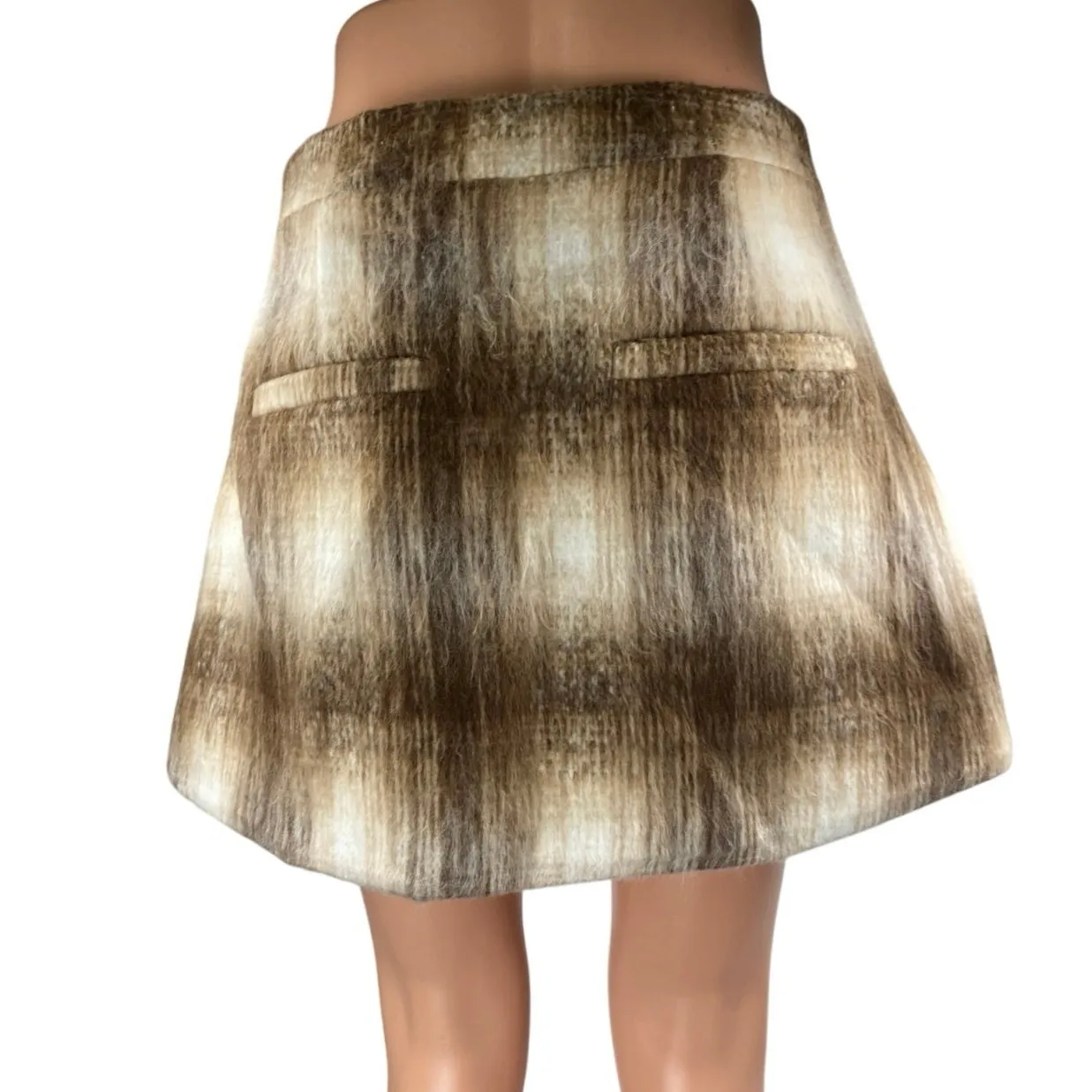 VRG Grl Brown Cream Faux Fur Plaid Checkered Side Zip Mini A - Image 3