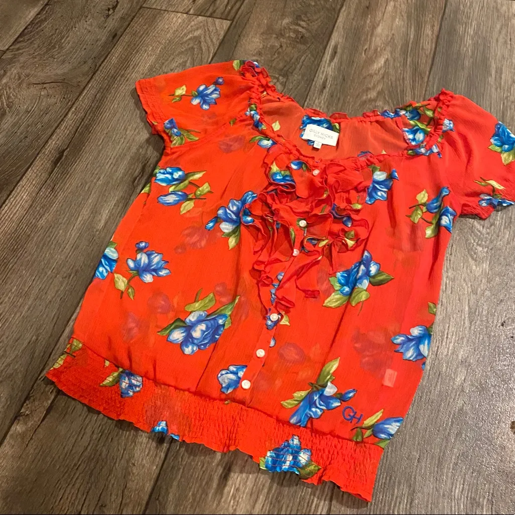 Bold Floral Ruffle Blouse | Gilly Hicks Sydney | Red Blue Floral Top | Sz S - Image 3