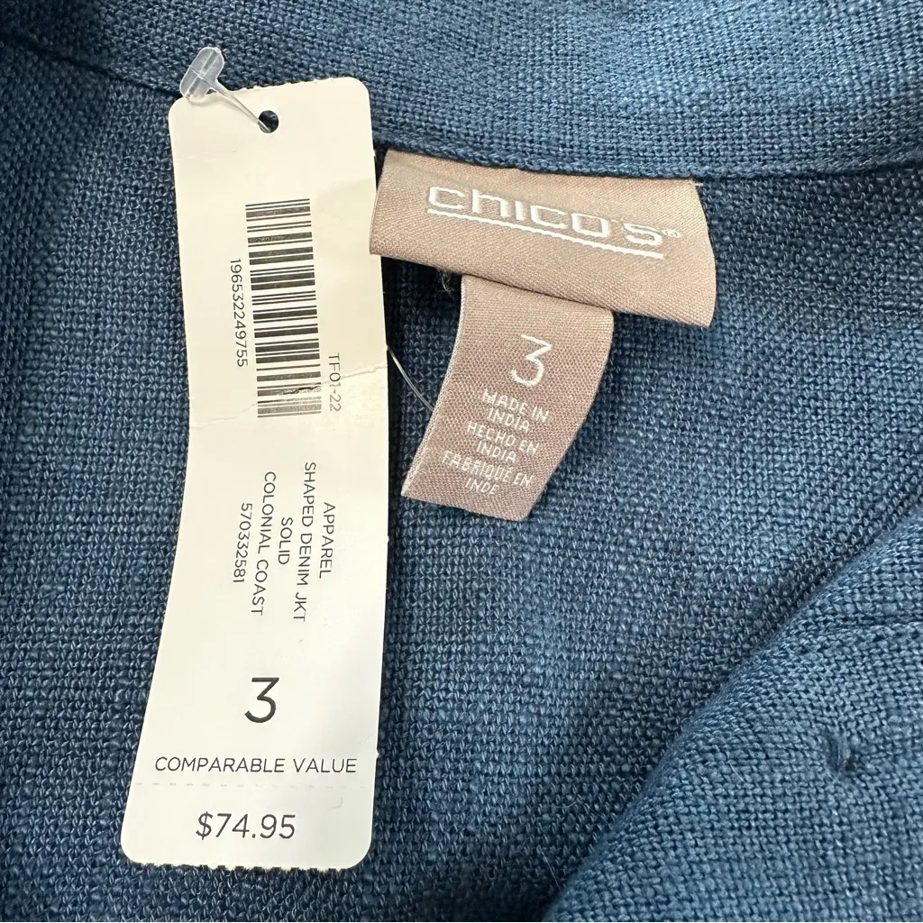 Chico's Linen Blend Shaped Denim Solid Colonial Coast Long Sleeve Jacket Size 3 - Image 9
