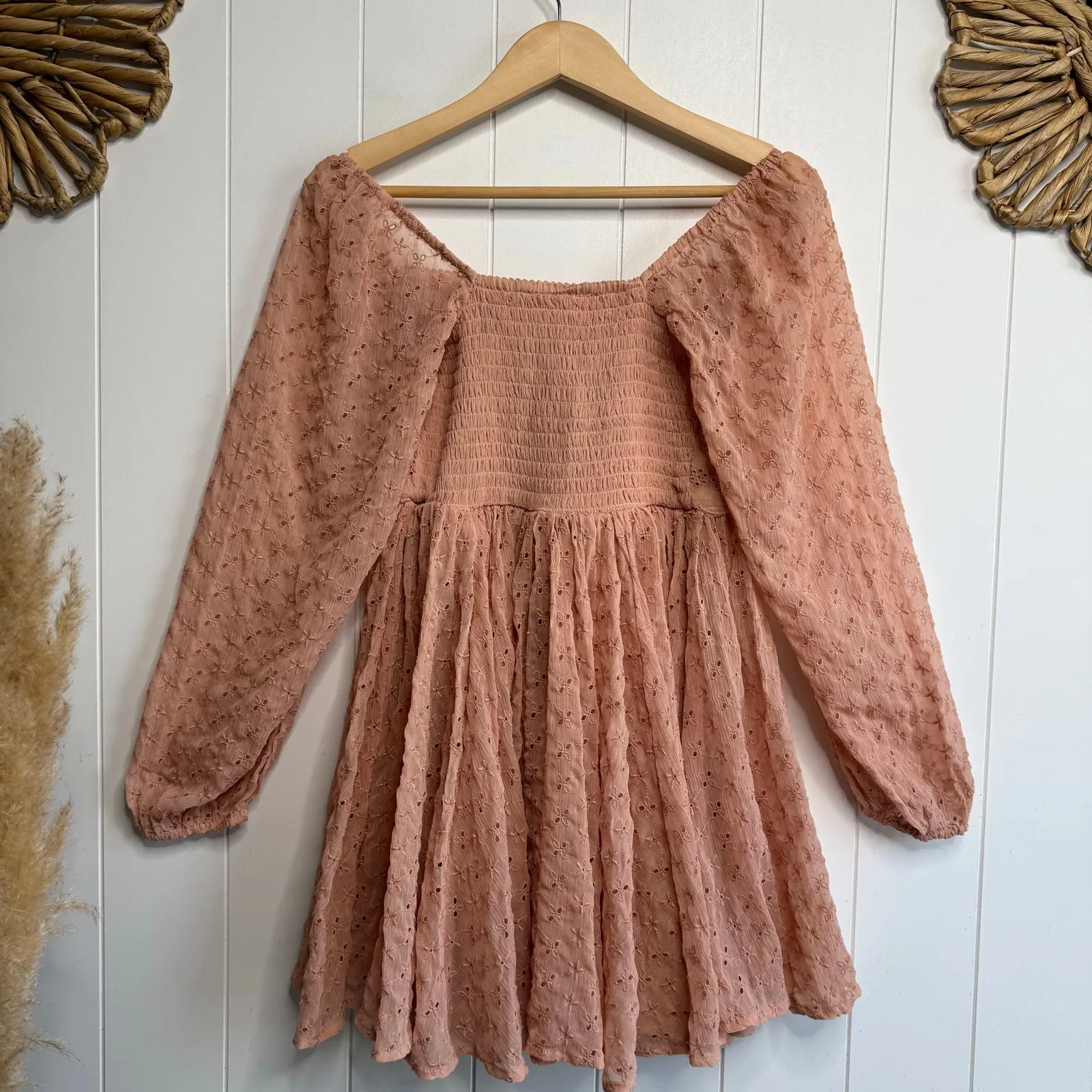 Free People dress floral eyelets pleated smocked boho summer spring Small - Image 5