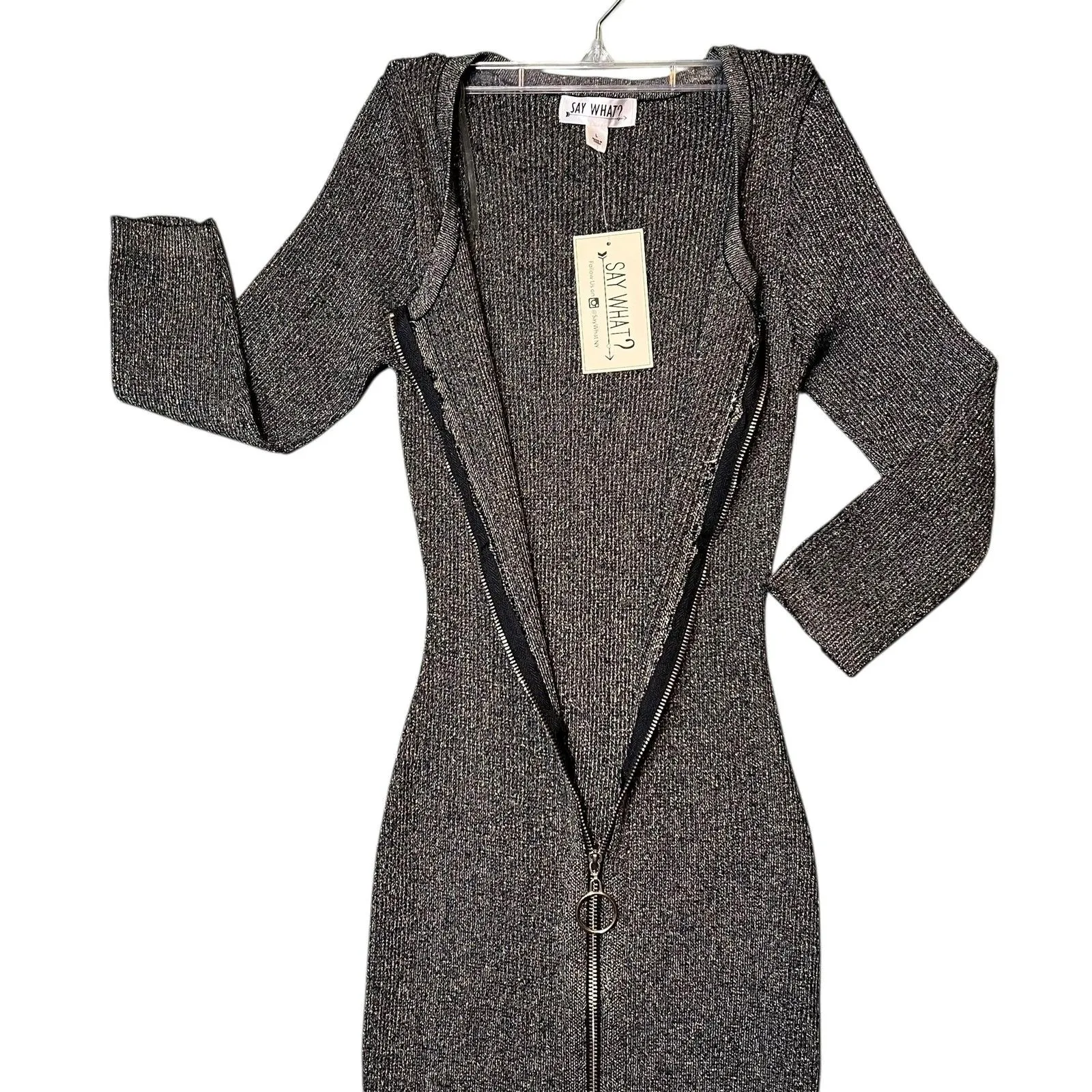 Say What Dress Womens Large Black Silver Zip Front Metallic Bodycon Party Knit - Image 12