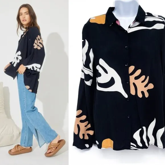 Coral Reef Print Long Sleeve Collared Button Up Shirt Top Blouse Lightweight - Image 2