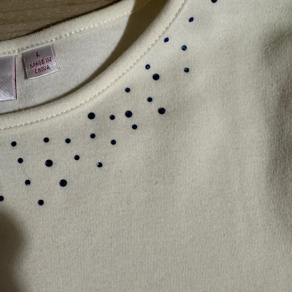 Quacker Factory  IVORY WHITE ROUND NECK RHINESTONE SHORT SLEEVE LARGE‎ - Image 5