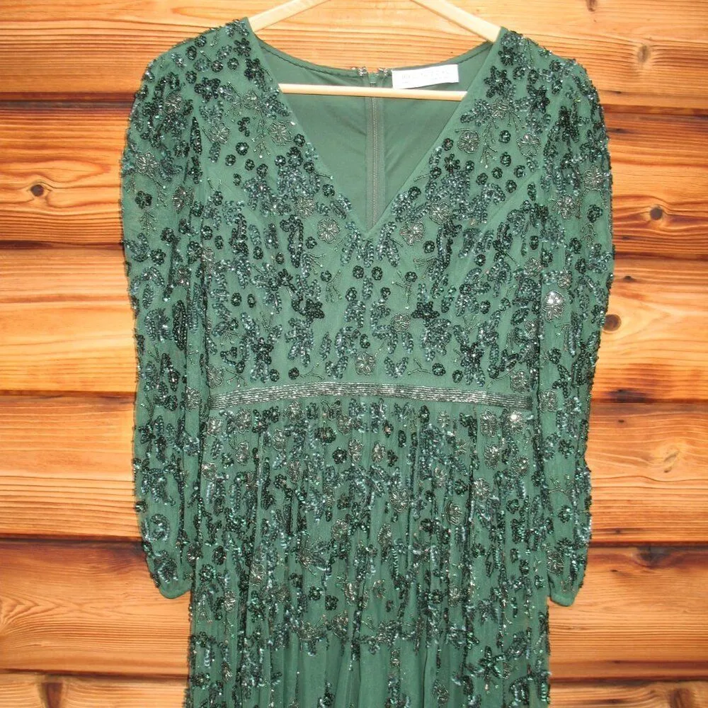 Mac Duggal 5497  Womens Green Embellished V Neck 3/4 Sleeve A Line Gown Regular - Image 8