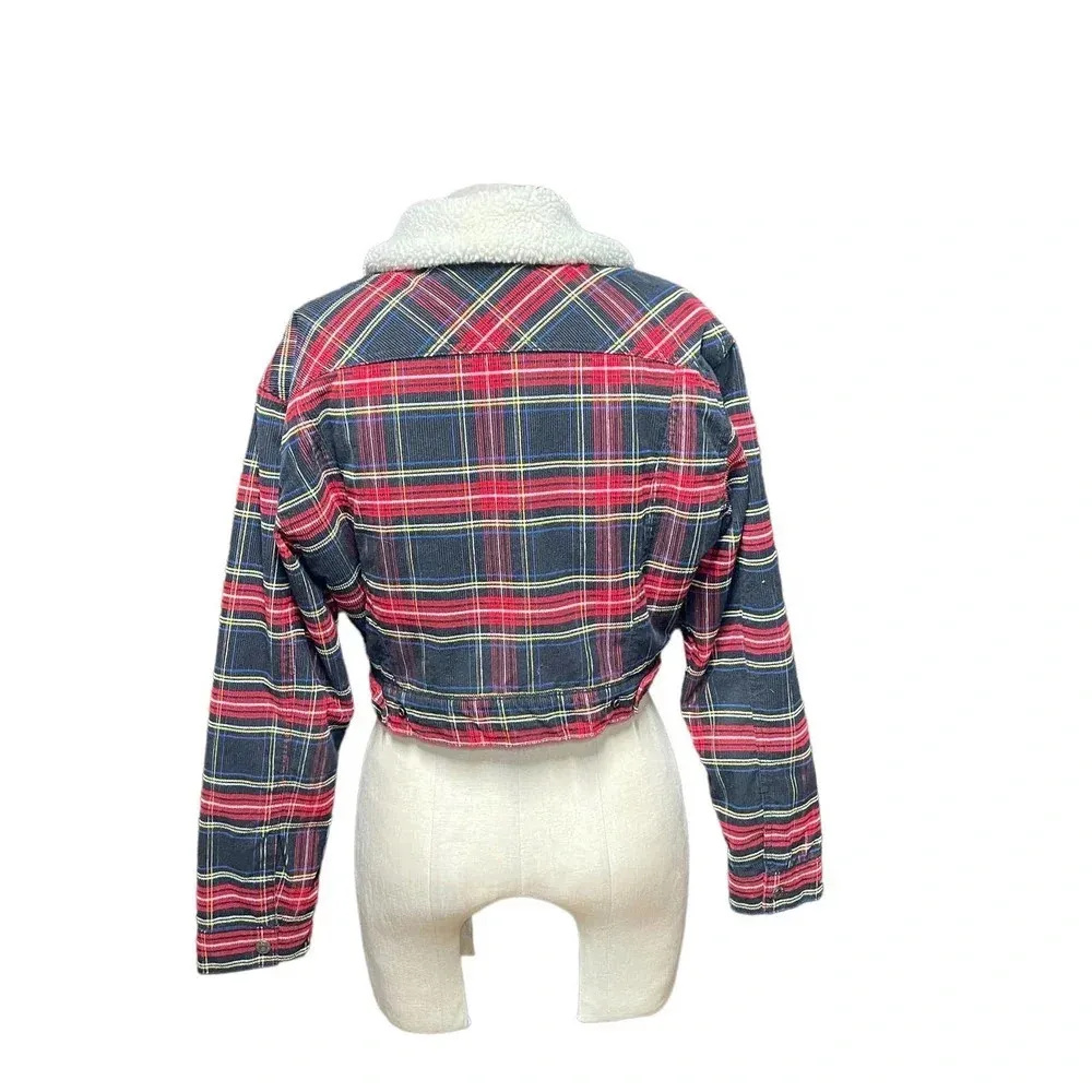 Levi's Ex-Boyfriend Tartan Plaid Corduroy Cropped Sherpa Jacket‎ Size Small - Image 6