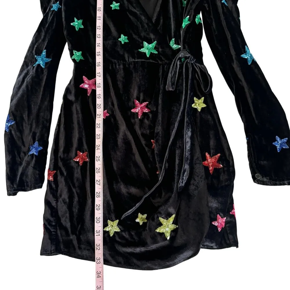Rococo Sand Amos Black Velvet Sequin Star Wrap Mini Dress Women’s Size Small NWT - Image 6