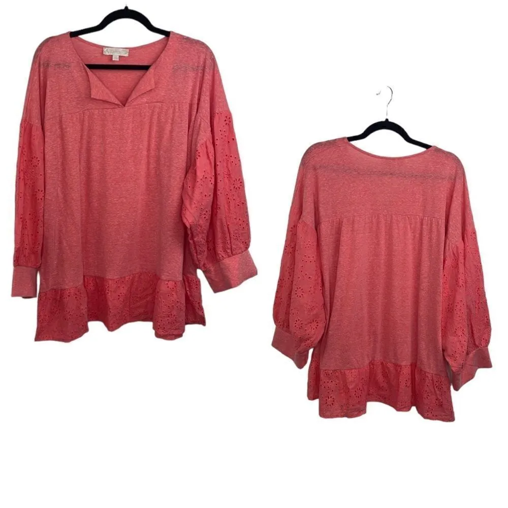 Suzanne Betro Weekender Boho eyelet scallop detail Peach v-neck bell sleeve 1X - Image 2