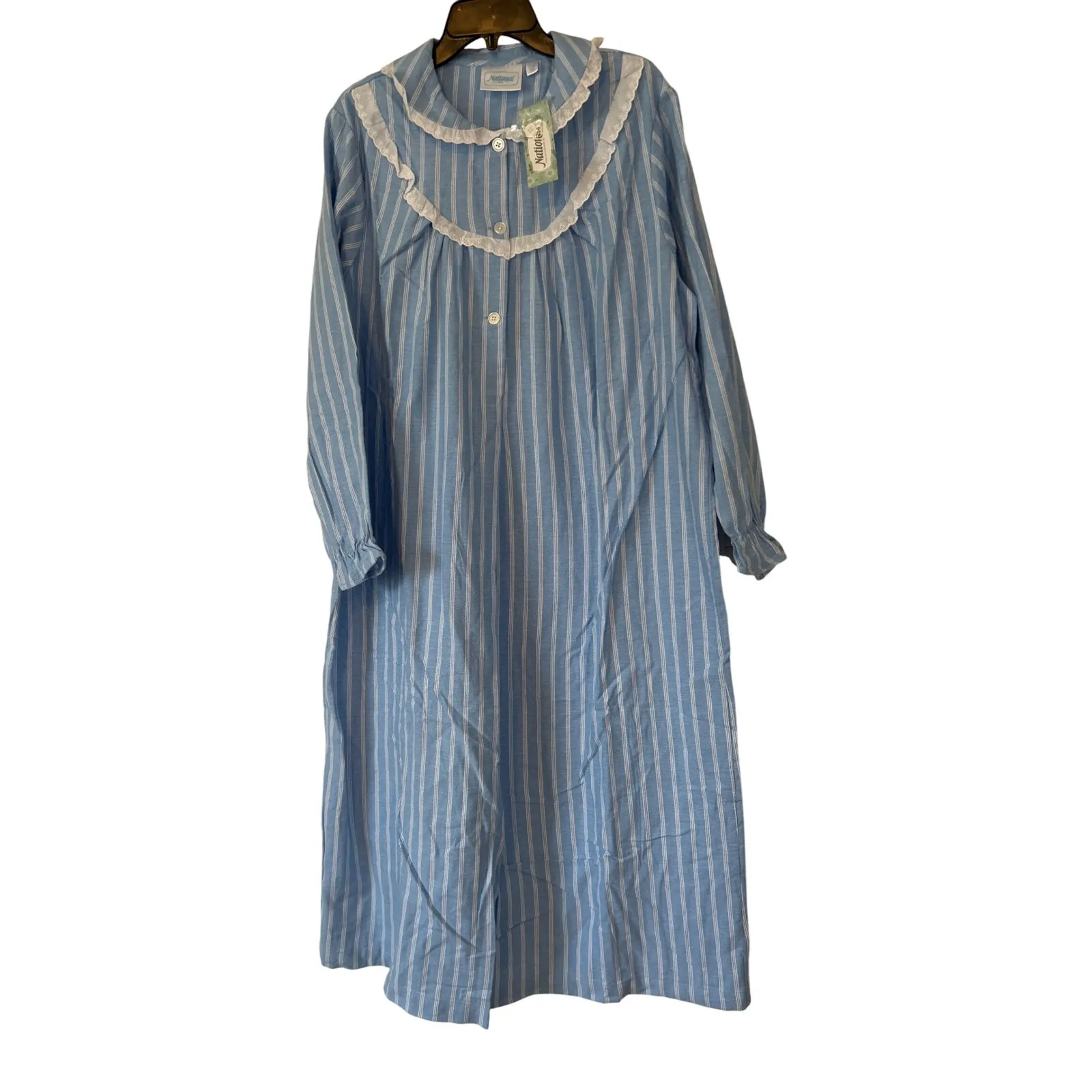 National Blue White Stripe‎ Long Sleeve Cotton Front Nightgown Lace Collar PXL - Image 2
