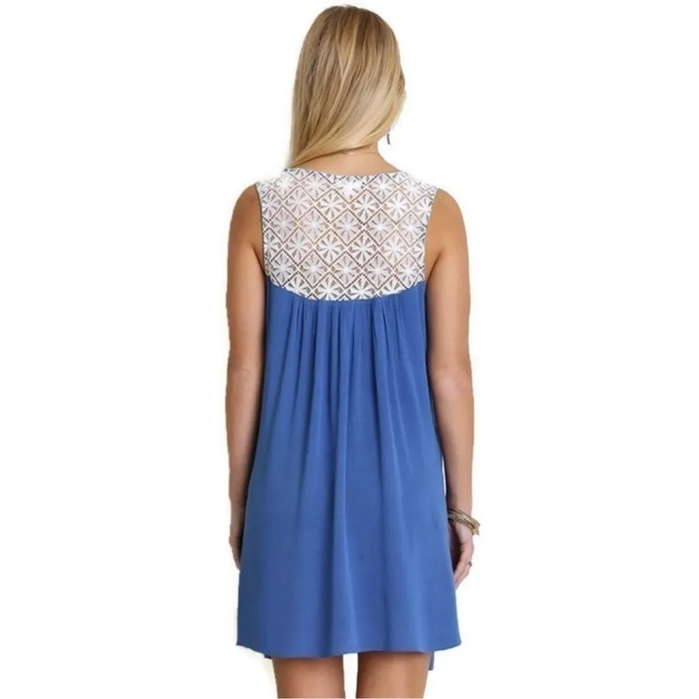Umgee Lace Cream & Blue boho stye short dress with pockets - Image 3