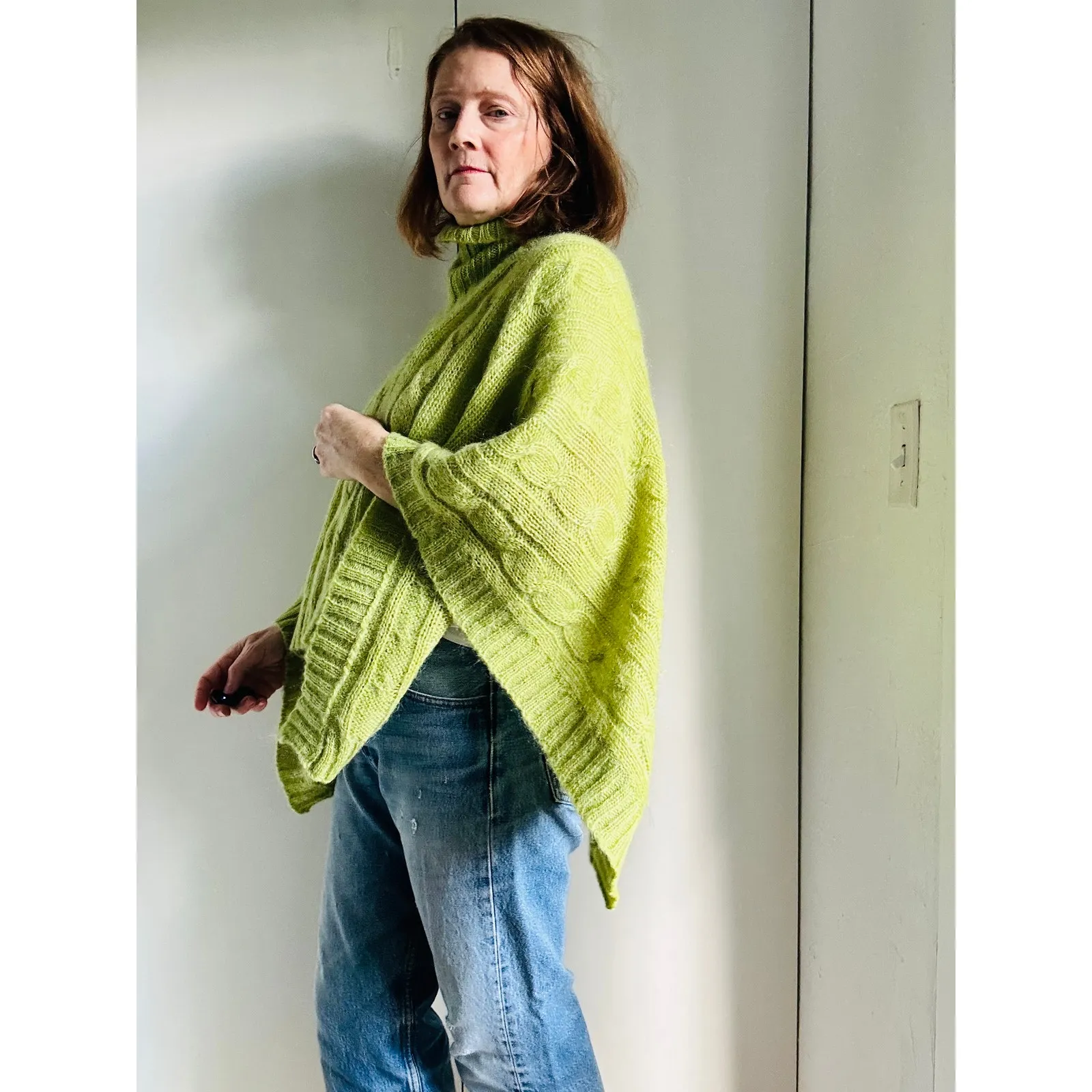 525 Women’s Mohair Knit Poncho Green Turtleneck Cozy Fall Layering Sweater OSFM - Image 4