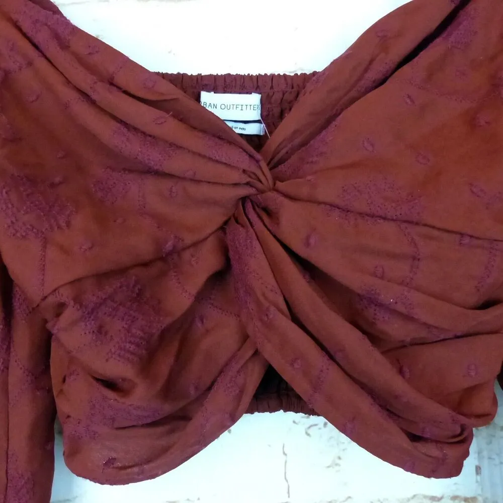Urban Outfitters Twist Front Crop Top Women XS Terra Cotta Embroidered Vneck $64 - Image 7