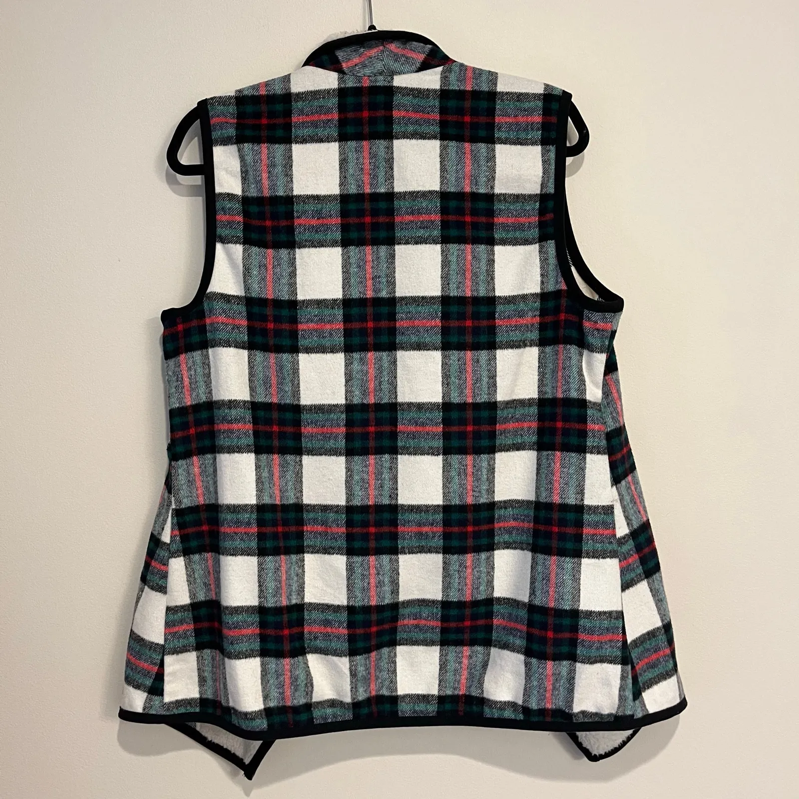Christopher & Banks Tartan Plaid Vest Sherpa Open Front Wool Blend Petite Large - Image 2