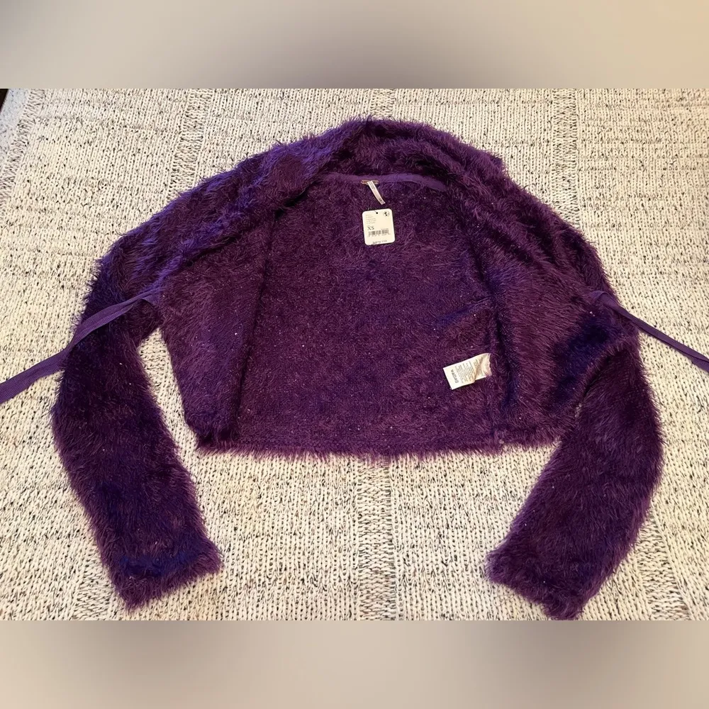 Free People Mina Cardigan Eyelash Knit Cropped Sweater in Purple, Size XS, NWT - Image 4