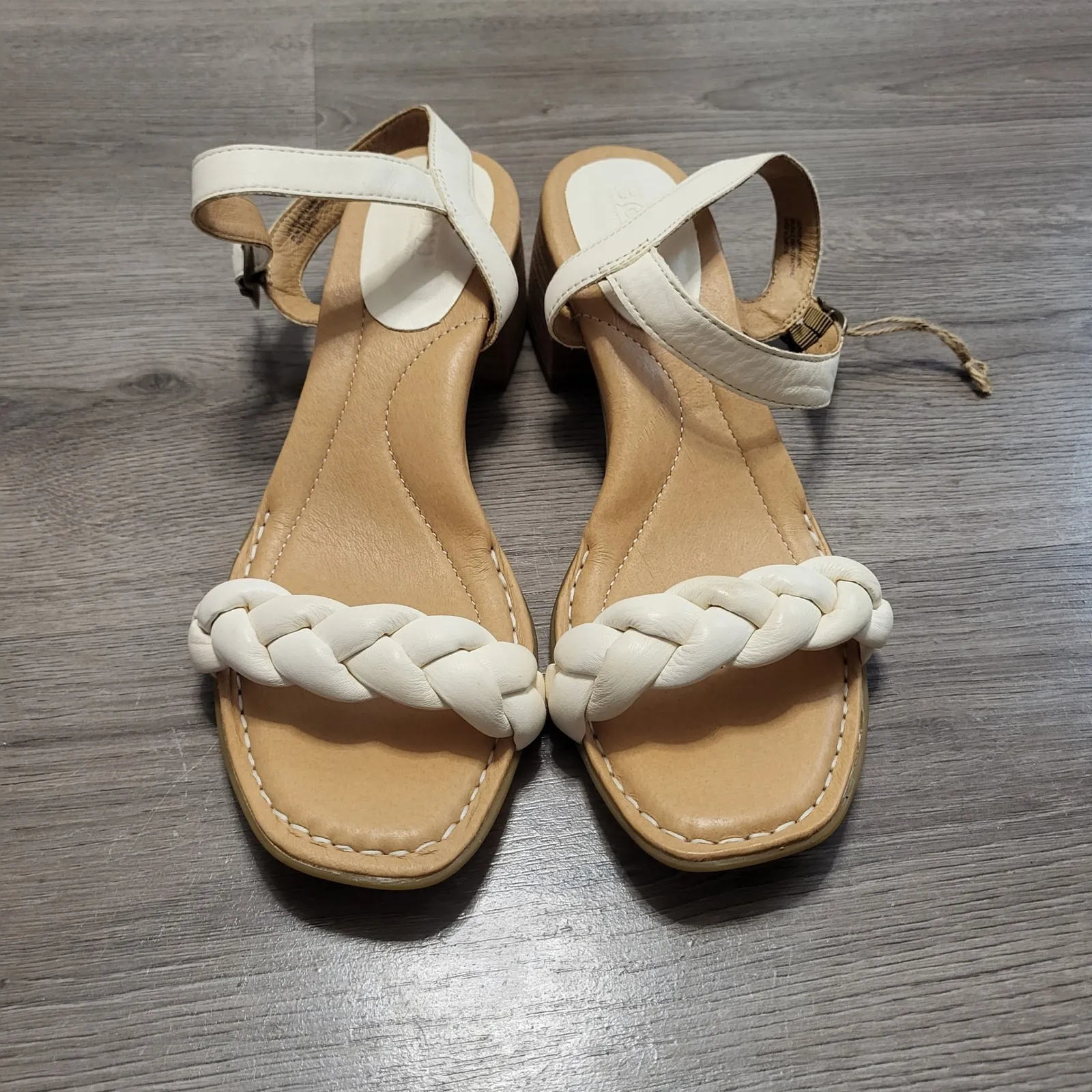 Born Cream Leather Braided Strap Block Heel Sandals Comfort Casual Women Size 11 White - Image 3