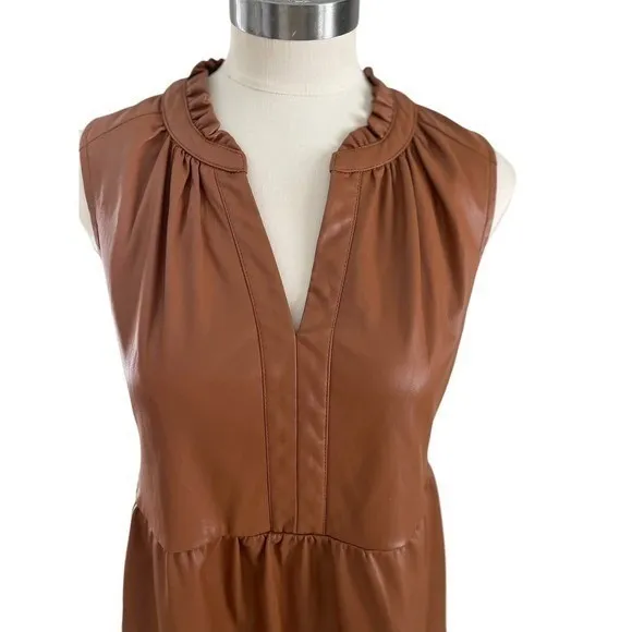 Skies Are Blue Faux Leather Tiered Dress | Cognac Brown | Size Medium - Image 8