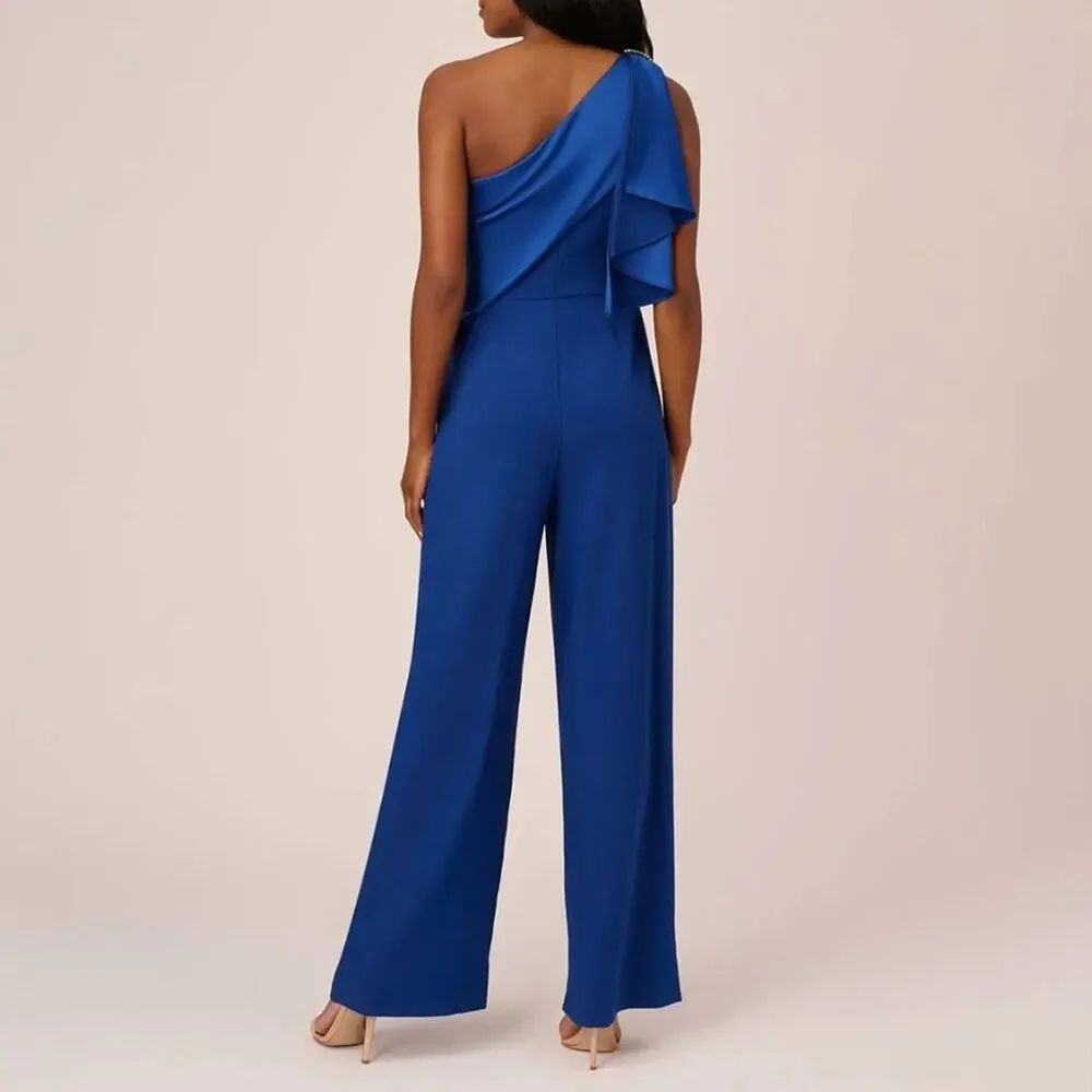 Adrianna Papell Draped One Shoulder Rhinestone Jumpsuit Royal Blue Womens Size 2 - Image 3
