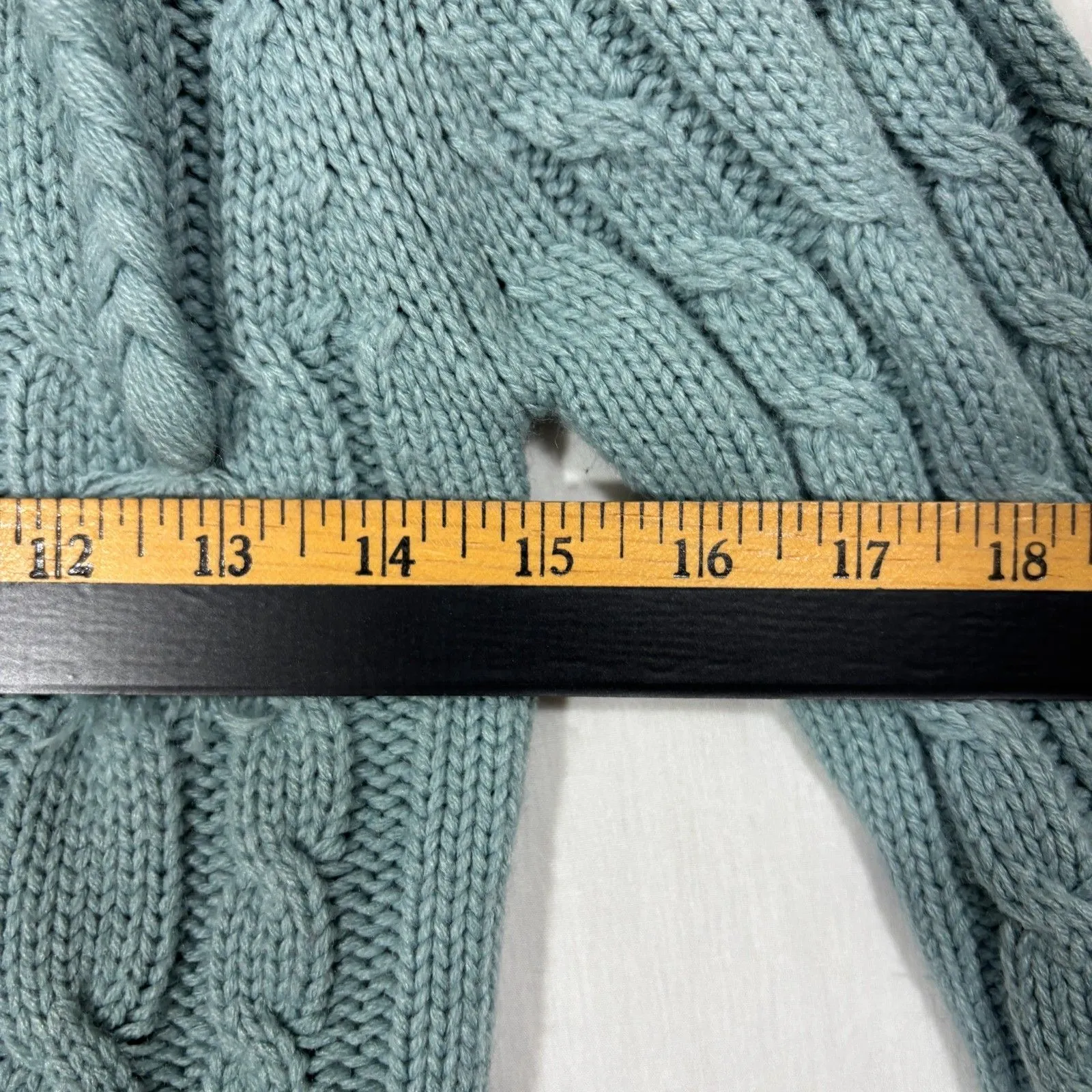 Women's Cable Knit Sweater Seafoam Blue Hooded Tassels Pocket Y2K Cottage Sz L - Image 7