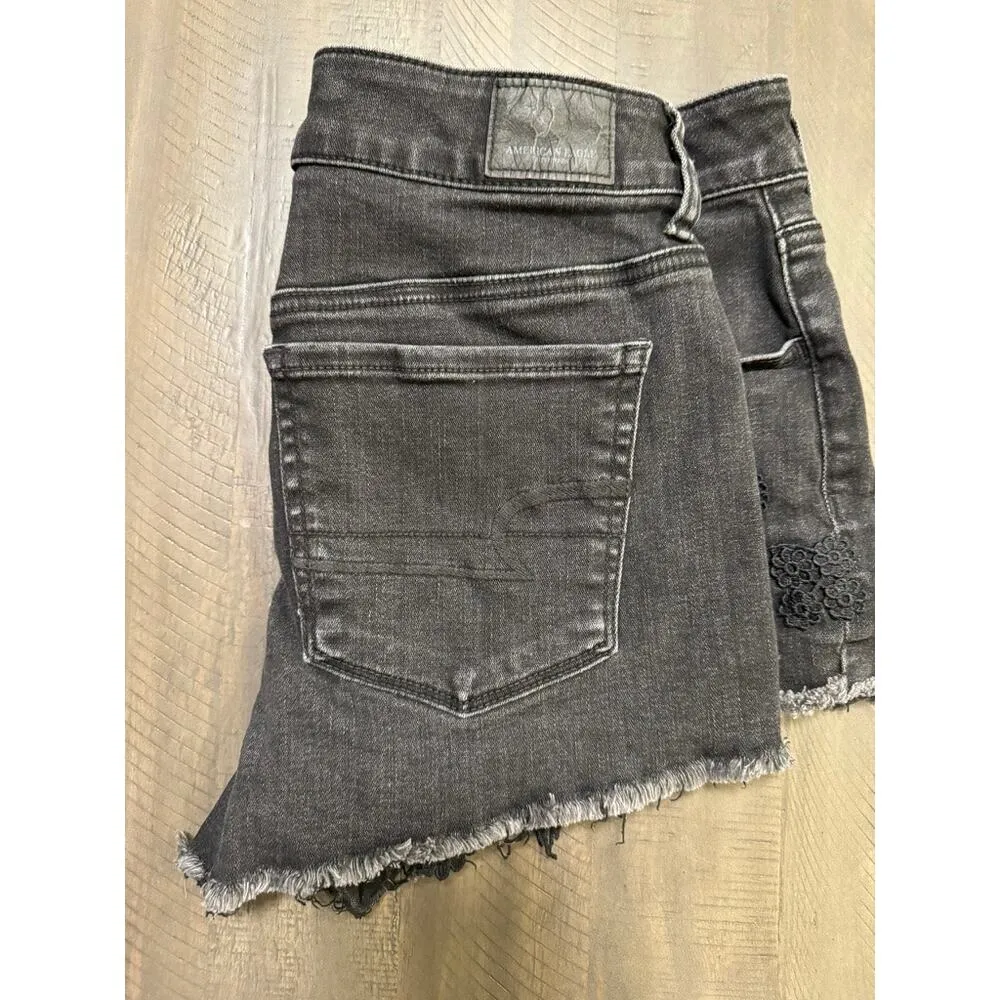 American Eagle Super Super Stretch Hi Rise Shortie Booty Shorts 10 Crochet Black - Image 3