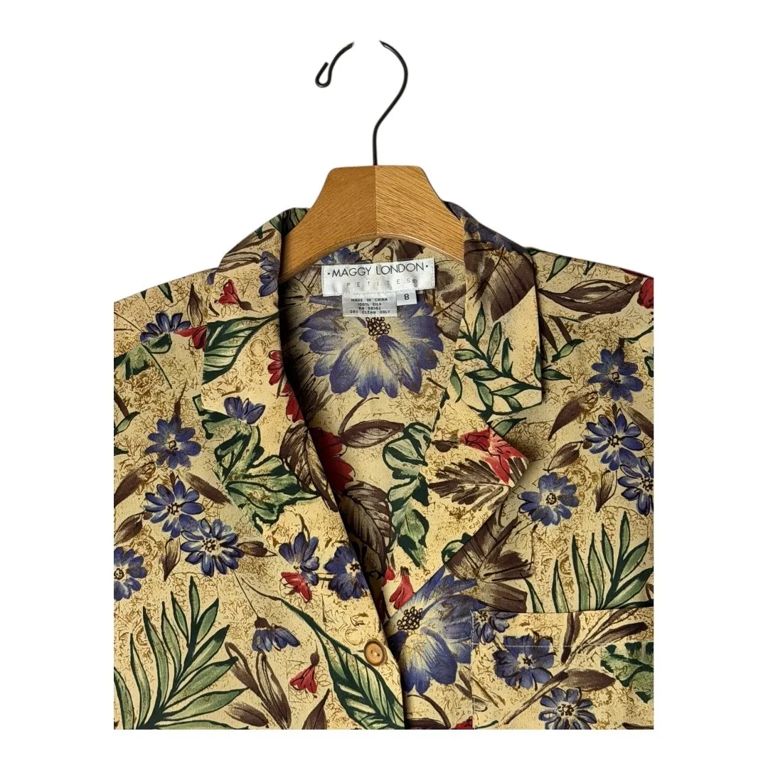 Maggy London Vintage Shirt Pants Woman 8 Petite Tan Floral Silk Set Retro Boho - Image 3