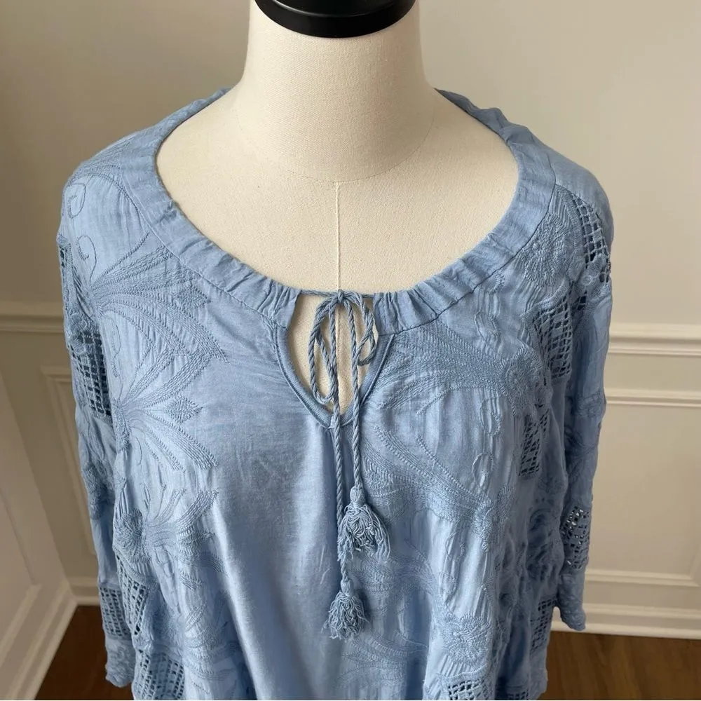 Aquavita Resort Square Flowing Handkerchief Hem Embroidered Beach Top OSFM Blue Size undefined - Image 4