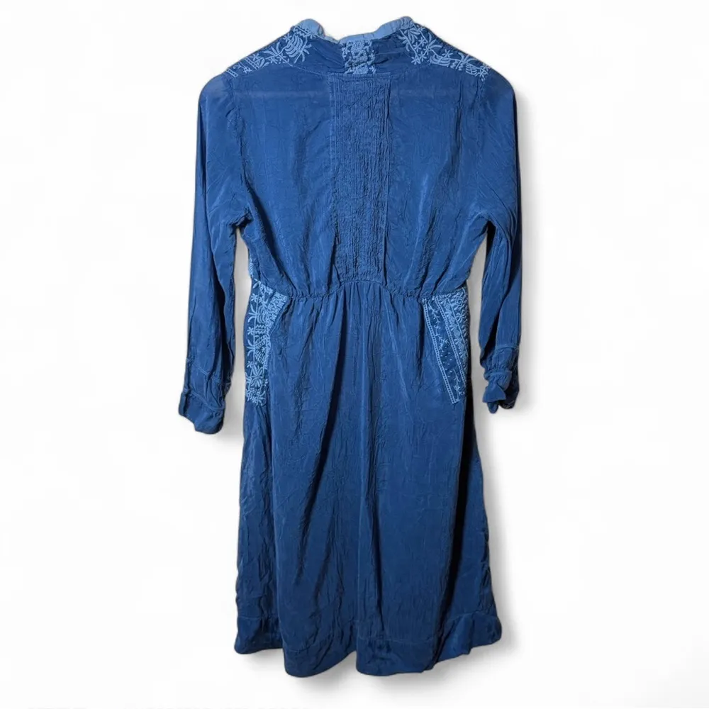 Johnny Was Blue Embroidered Boho Dress Smocked Bodice Long Sleeve Size S - Image 2