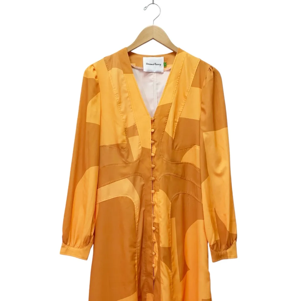 House of Sunny Cinema Dress Orange Yellow Geometric Button Front Midi Size 6 US - Image 5