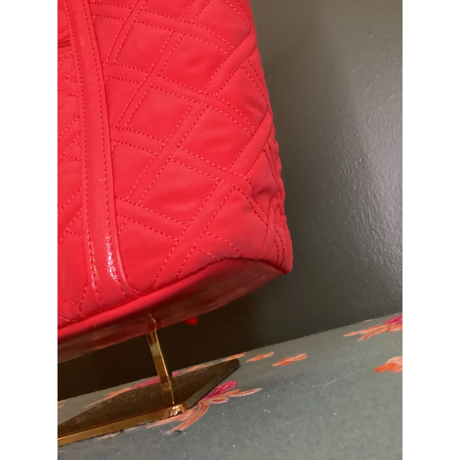 Vera Bradley Bright Red Quilted Tote Bag with Patent Accents and Scarf Detail - Image 3