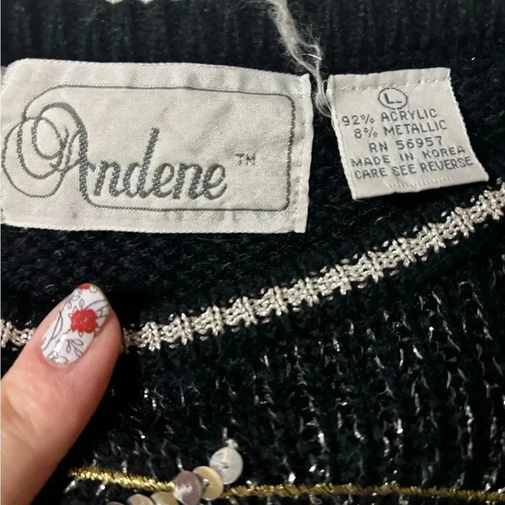 Vintage 80’s Black Metallic Sweater Silver Gold Size Large Retro Grunge - Image 6