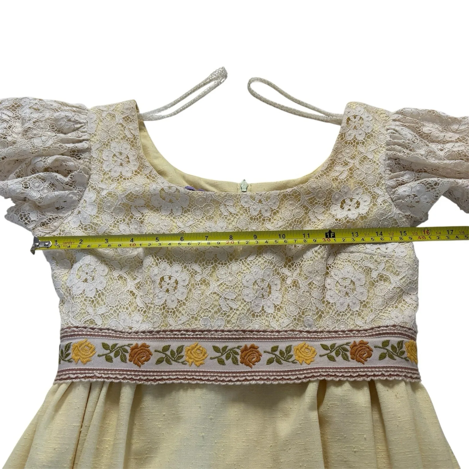 Vtg 70s Couriers California CottageCore Prairie Maxi Dress Sz 7/8 Yellow Empire - Image 10