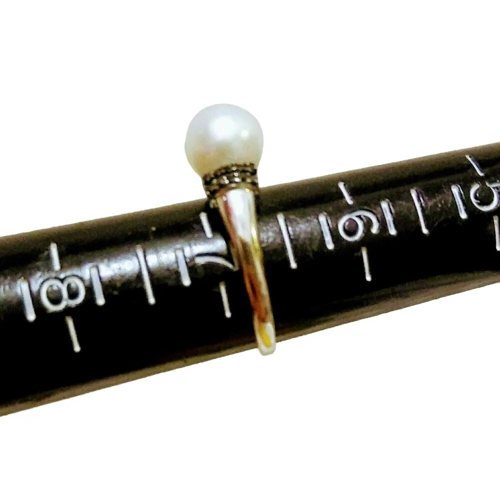 Womens 10k 10KT White Gold Round Pearl with Black Diamond Ring Sz 6.75 - Image 4