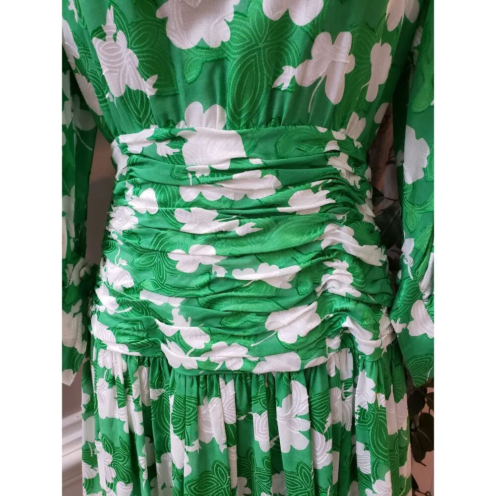 VTG Maxi Dress Women's Small Green Floral Lined Crew Neck Long Sleeve Back Zip - Image 4